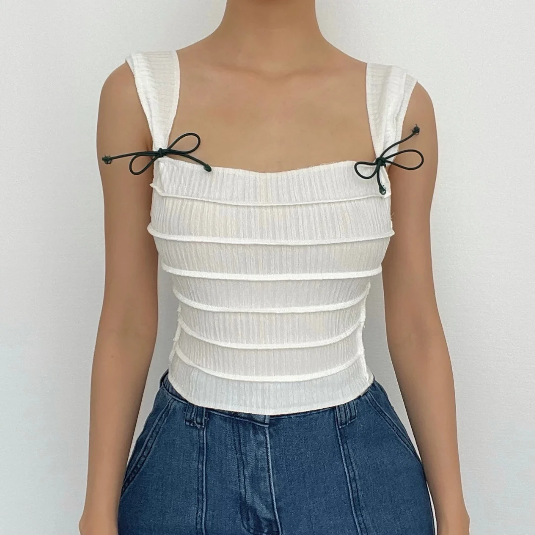 Stitch textured square neck sleeveless solid crop top