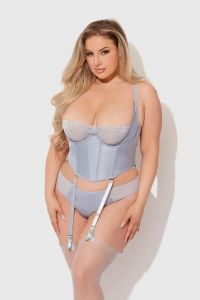 STONE BLUE SATIN & LACE BRIDAL BUSTIER & CHEEKY PANTY SET