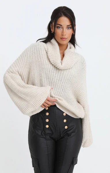 Stone Cowl Neck Balloon Sleeve Chunky Knit Jumper - Evelyn