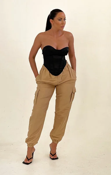 Stone Drawstring Elasticated Waist Cuffed Pocket Parachute Trousers - Love