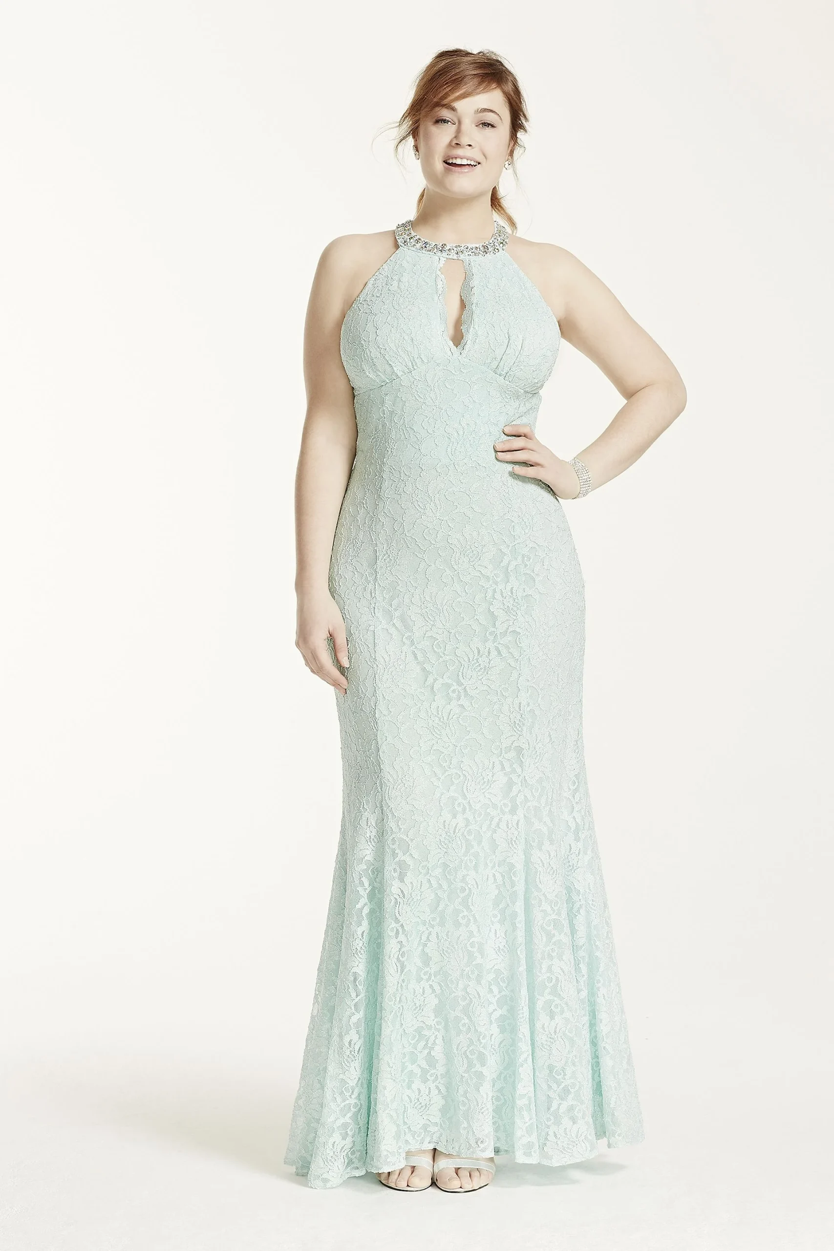 Stone Encrusted Neckline Fit and Flare Gown