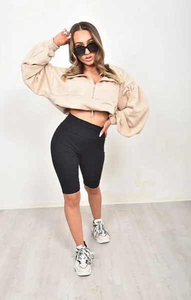 Stone Half Zip Balloon Sleeve Loopback Sweatshirt - Silvia