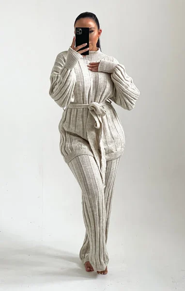 Stone High Neck Belted Knit Loungewear Set - Alliyah