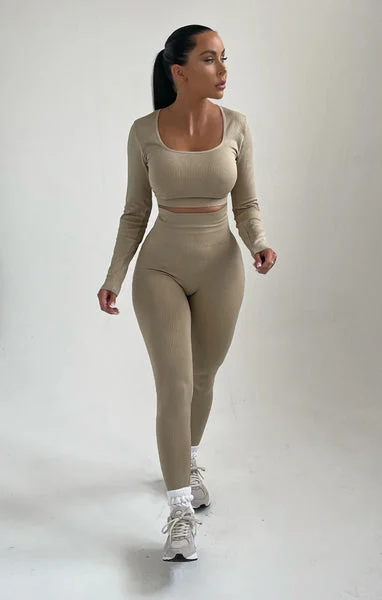 Stone Long Sleeve Crop Top And Leggings Two Piece Set - Bella