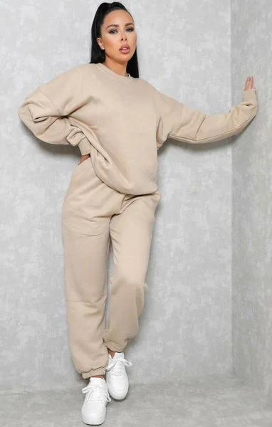 Stone Oversized Crew Neck Sweatshirt Cuffed Joggers Loungewear Set - Averi