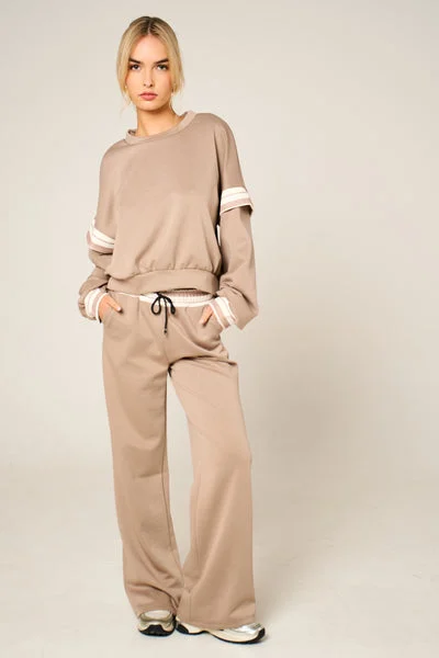 Stone Oversized Striped Sleeves Sweatshirt With Trouser Co Ord Set - Floranique