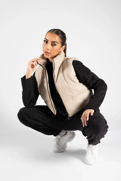 Stone Padded Faux Leather Zip Up Crop Gilet - Tia