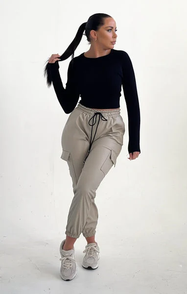 Stone PU Elasticated Drawstring Cuffed Pocket Joggers - Demi
