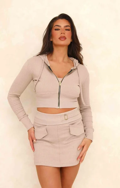 Stone Rib 3 Piece Skort Crop Top Set With Pocket Detail - Maeve