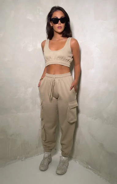 Stone Sleeveless Crop Top & Oversized Drawstring Waist Utility Pocket Joggers Co-ord - Hailey