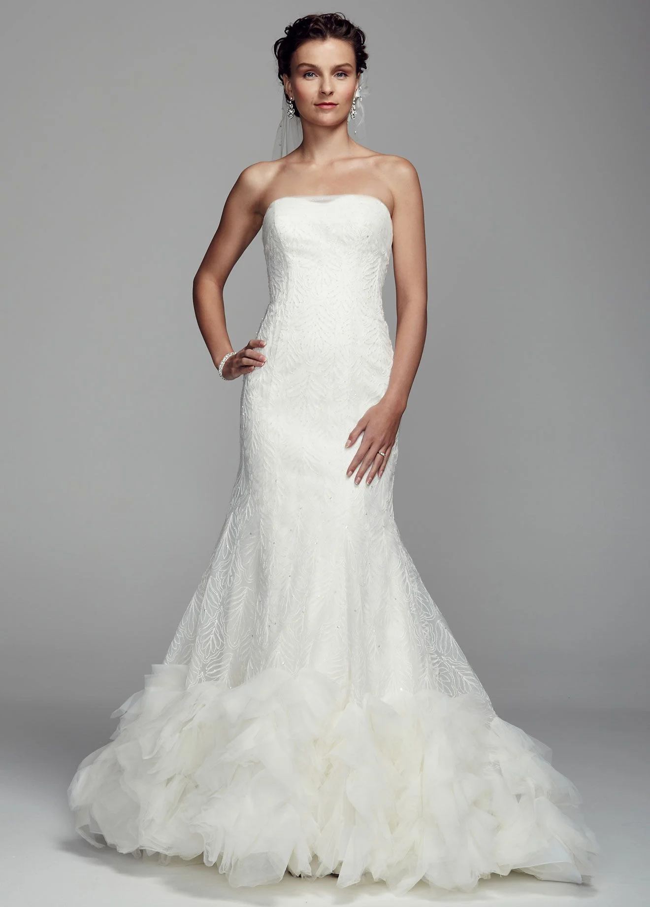 Strapless All Over lace Gown with Ruffled Hem