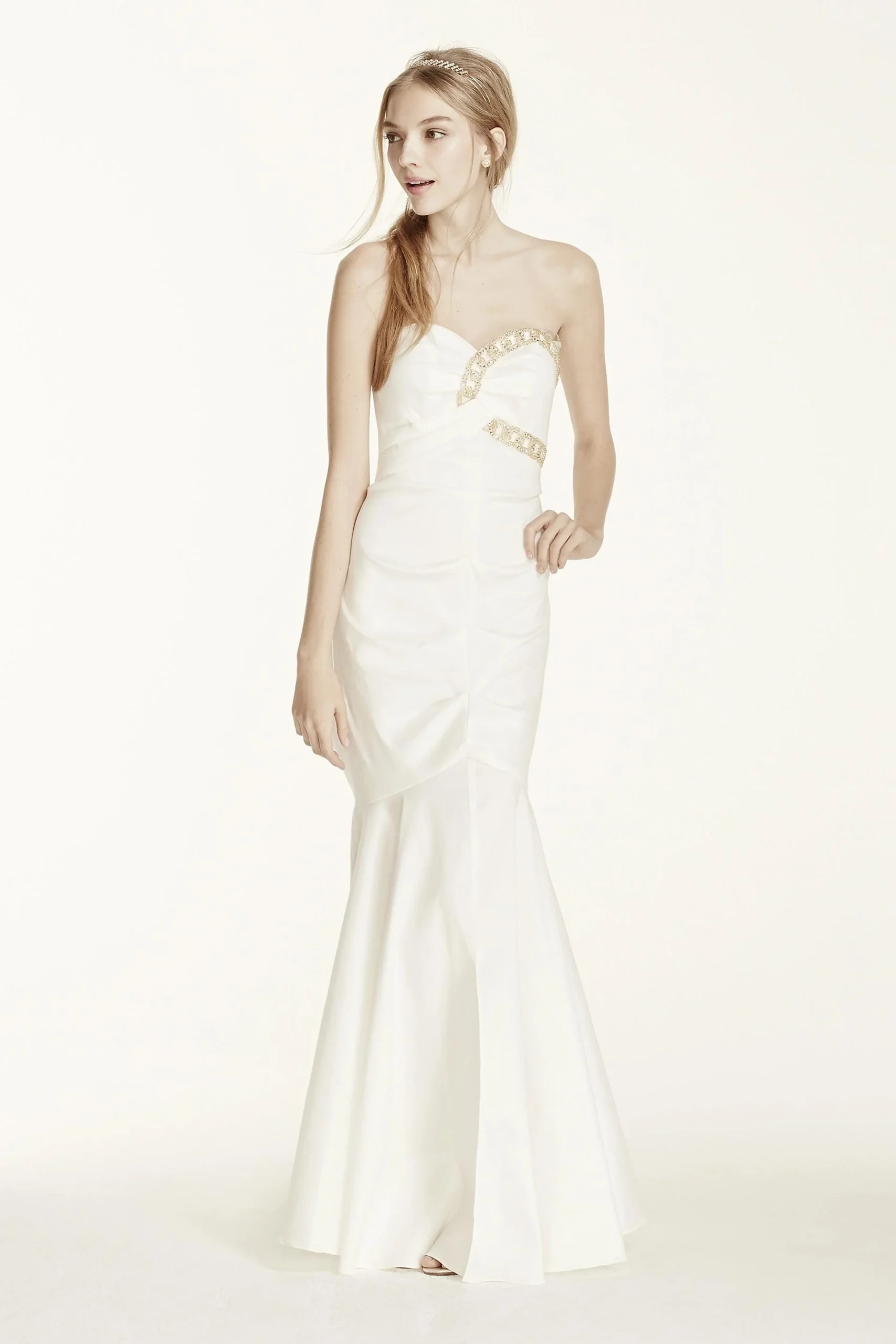 Strapless Beaded Fit and Flare Taffeta Dress