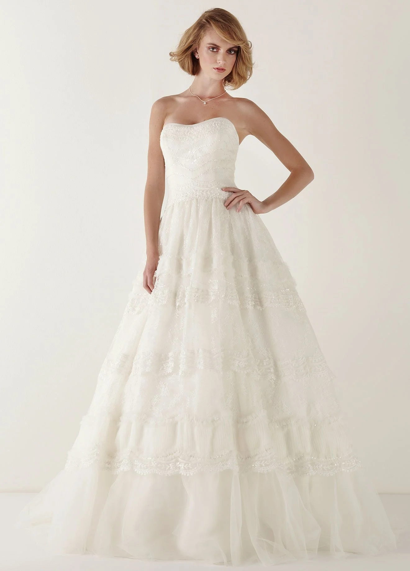 Strapless Lace Ballgown with Tiered Skirt