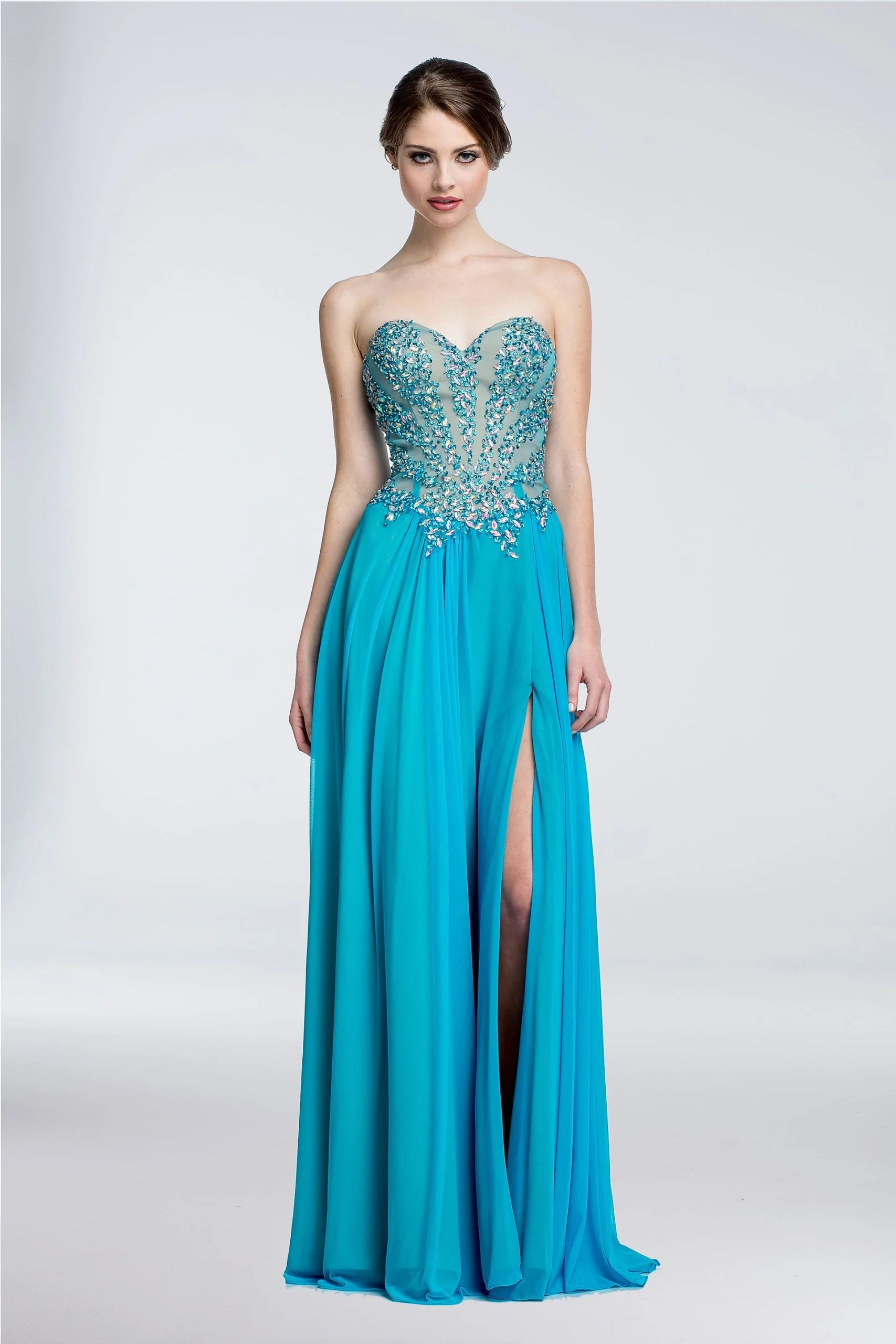 Strapless A-Line Dress with Beaded Illusion Mesh