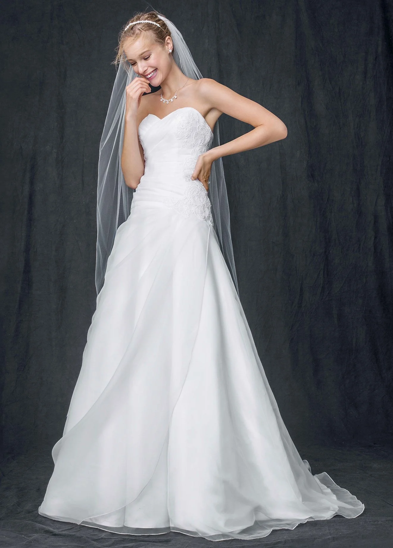 Strapless A Line Organza Gown with Ruched Bodice