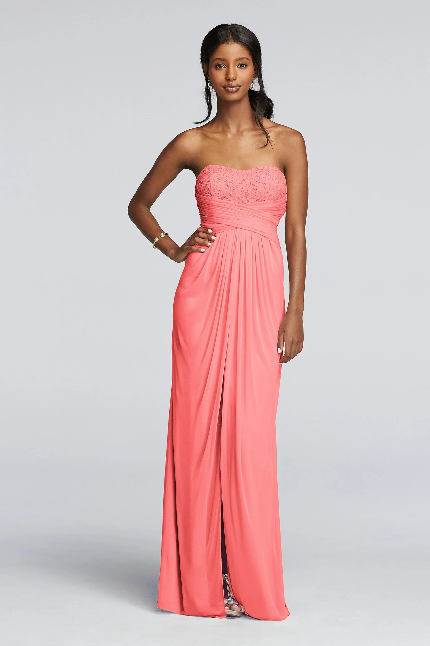 Strapless Mesh and Lace Dress with Pleated Waist