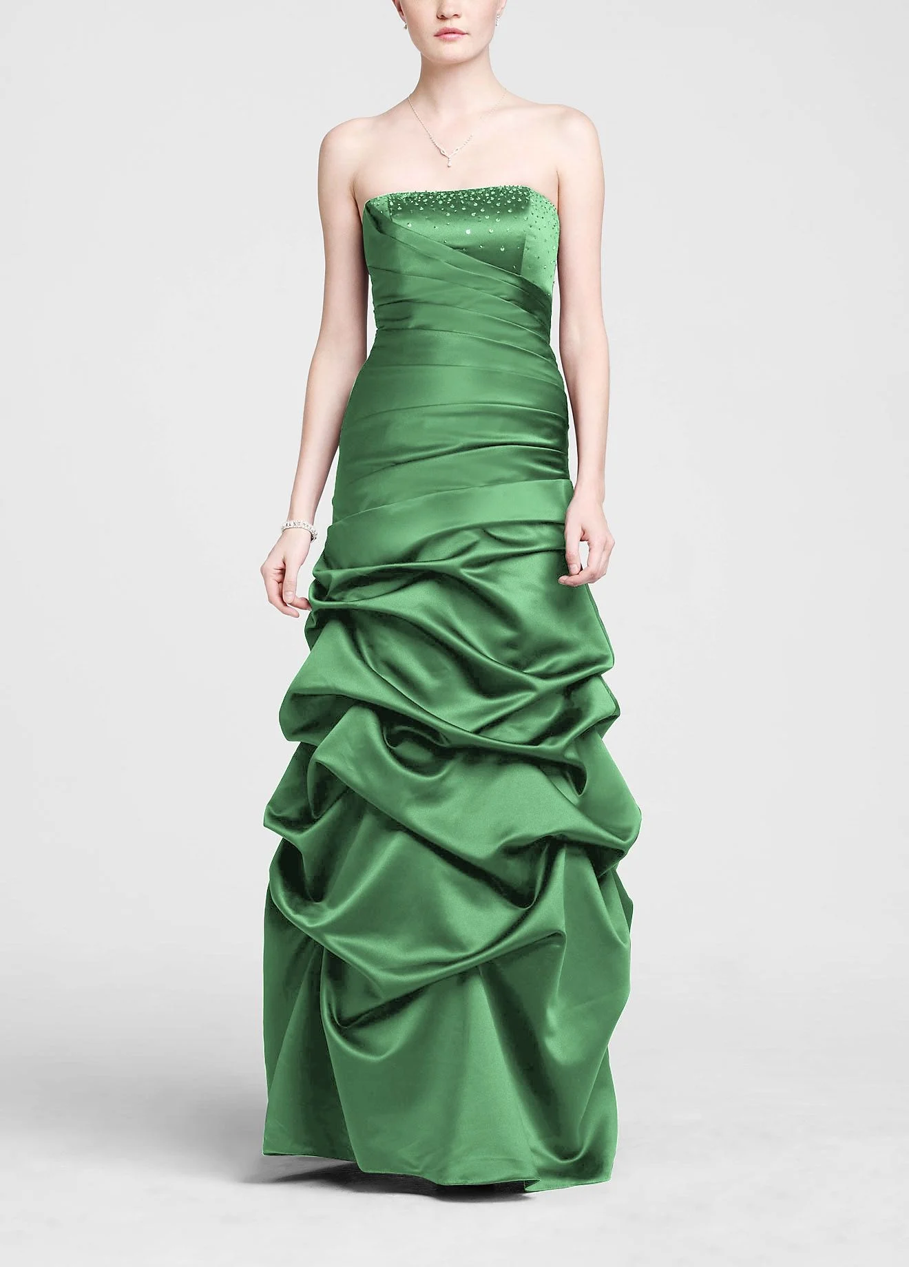 Strapless Satin Pick Up Ball Gown with Beaded Bust