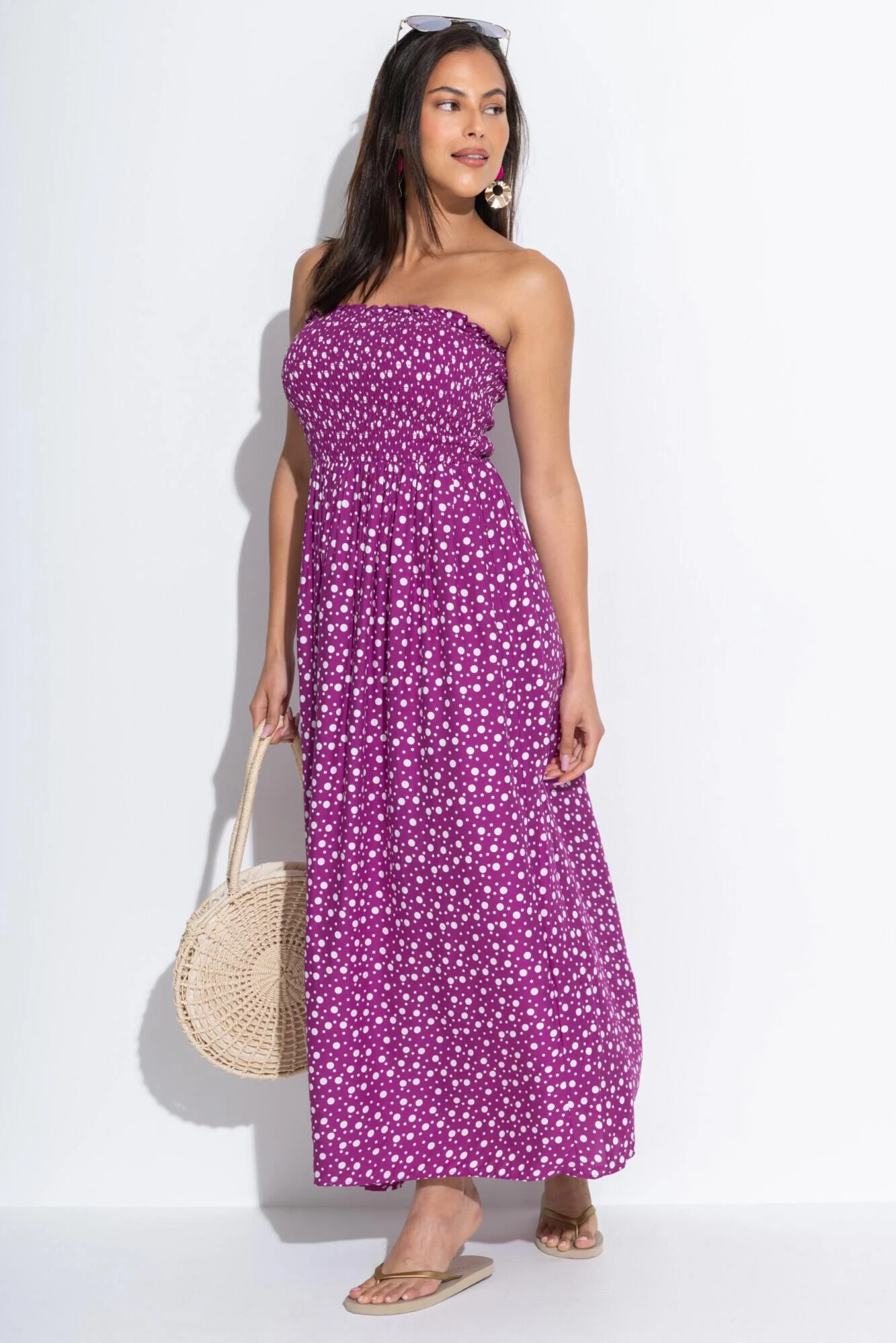 Strapless Shirred Bodice Maxi Beach Dress - Violet/White