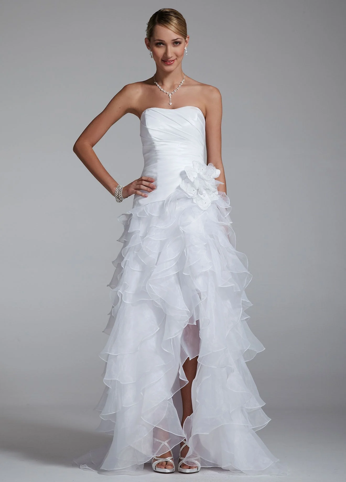Strapless Taffeta High Low Ruffle Skirt Gown