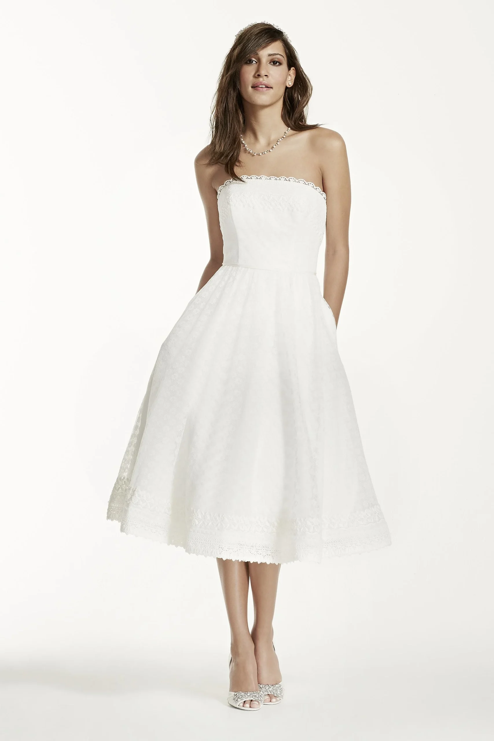 Strapless Tea Length Dress with Raschel Lace