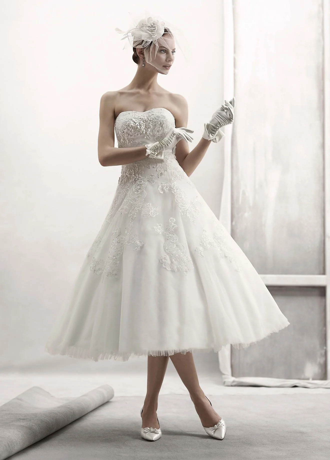 Strapless Tulle Embellished Tea Length Gown