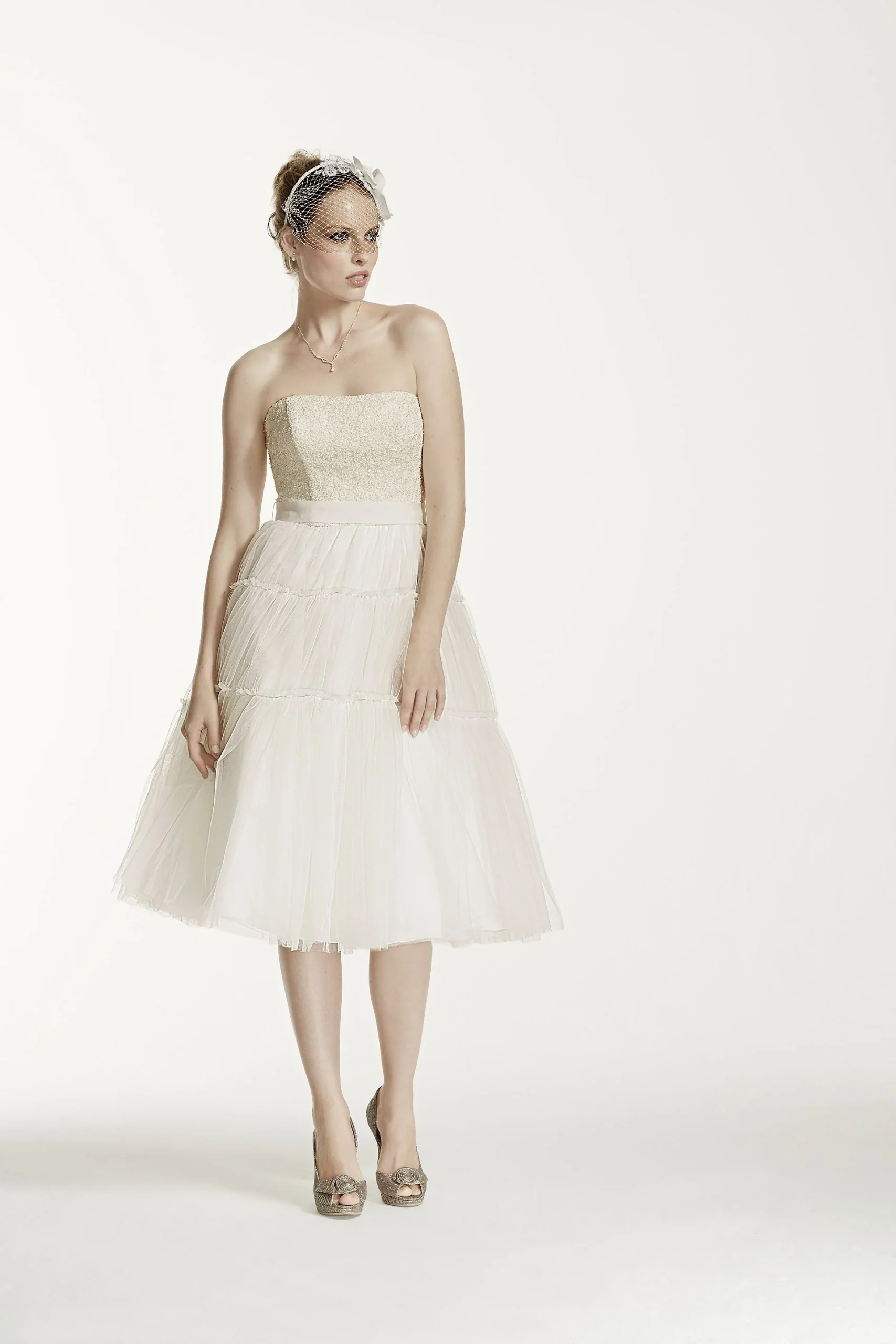 Strapless Tulle and Lace Tea Length Dress