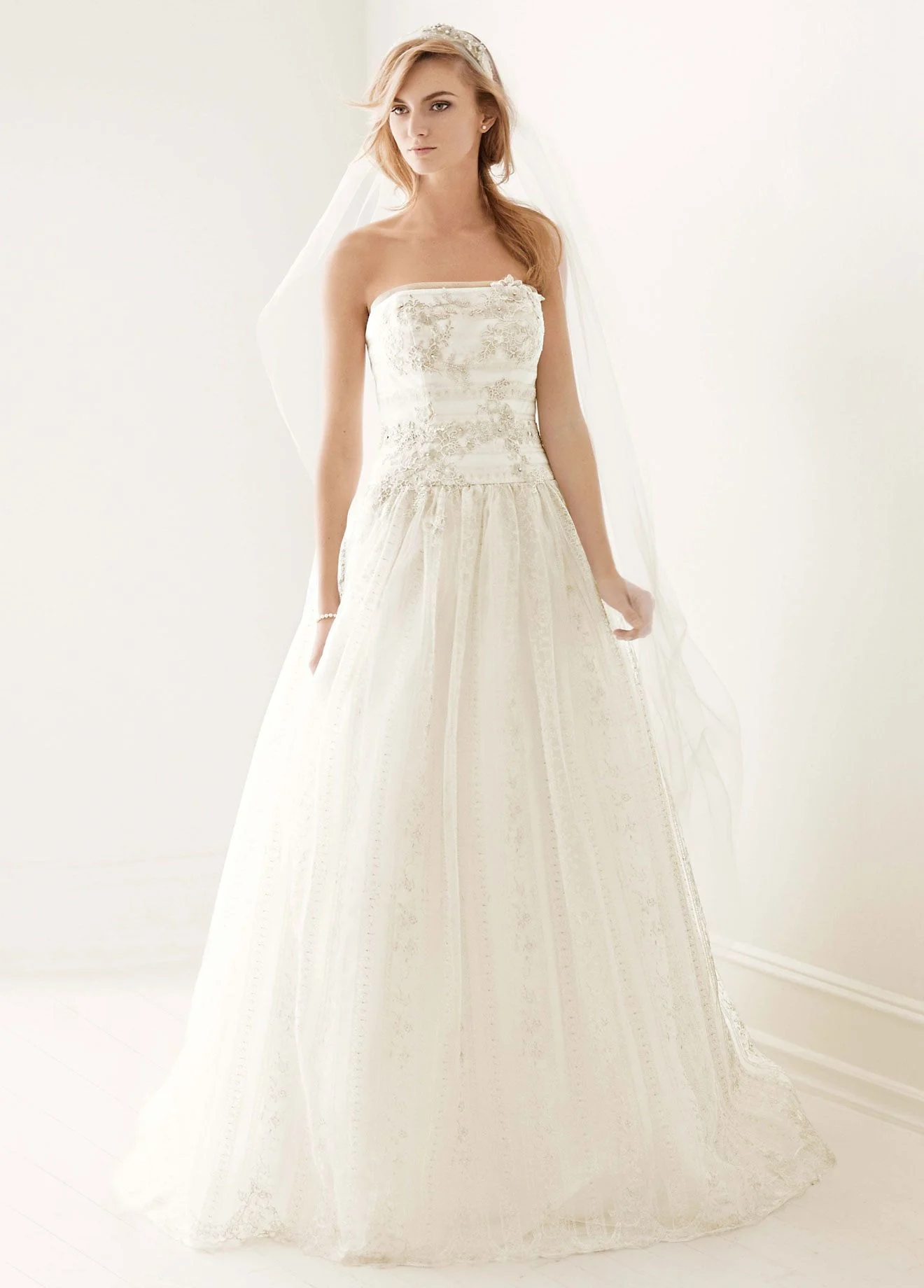 Strapless Vintage Metallic Lace Ball Gown