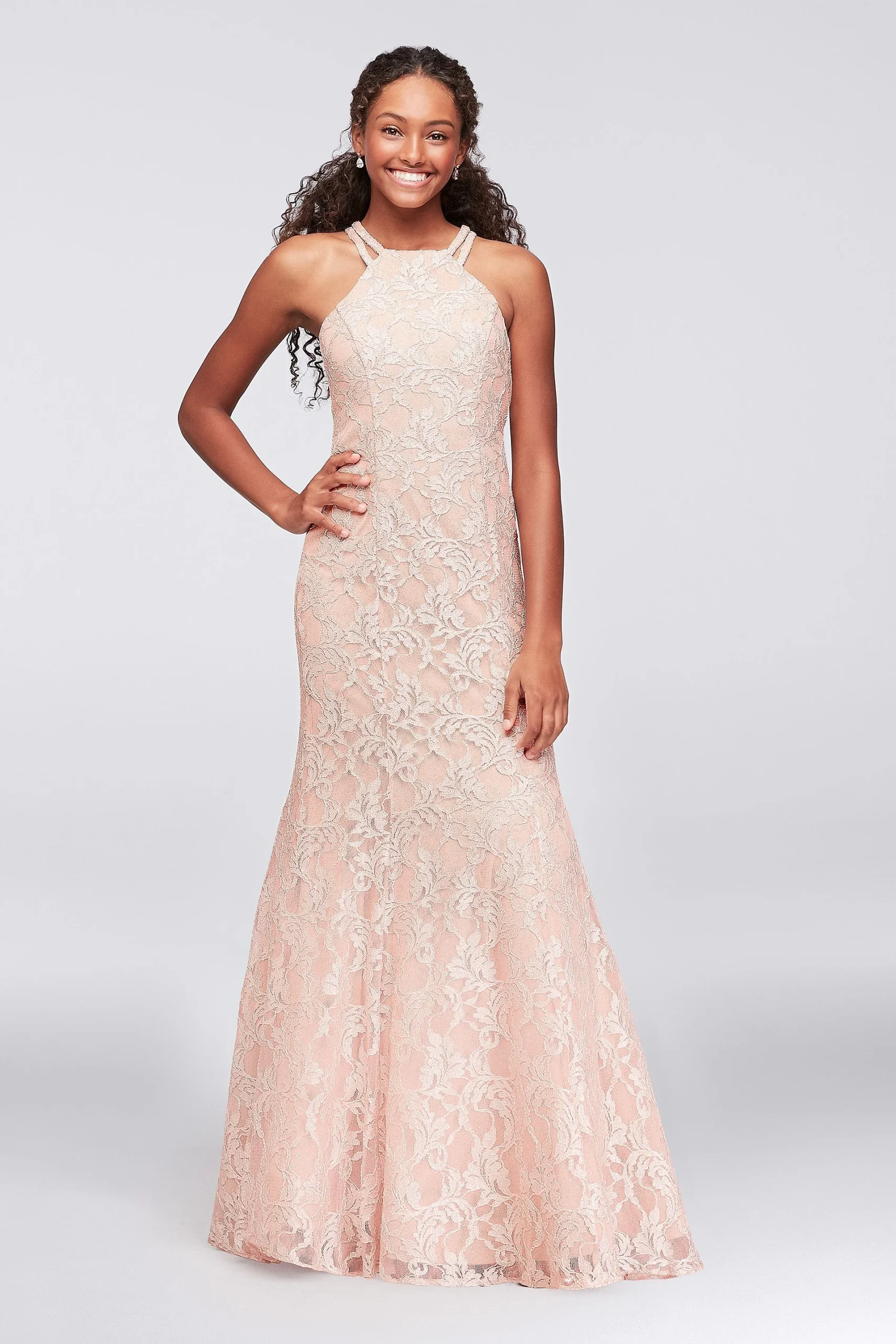 Strappy Back High-Neck Glitter Lace Mermaid Gown