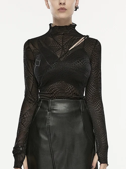 Stretch Black Spider Mesh Inverted Triangle Cutout Punk Asymmetric Long Sleeve T-Shirt