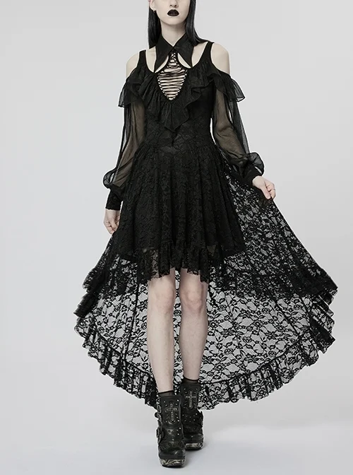 Stretch Flower Net Stitching Chiffon Irregular Hem Shoulder Cutout Velvet Rope Adjustable Elastic Black Gothic Lace Dress