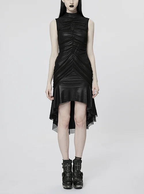 Stretch Knit Panel Diamond Mesh Slim Fishtail Hem Velvet Web Adjustable Elasticity Black Gothic Sexy Dress