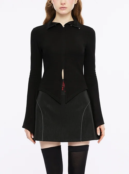 Stretch Knit Skinny High Neck Heterosexual Chinese Knot Metal Hand-Sewn Button Black Chinese Gothic T-Shirt