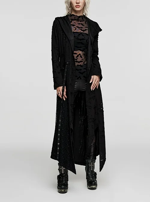 Stretch Ripped Knit-Paneled Mesh Black Irregular Decadent Punk Hooded Long Sleeve Jacket