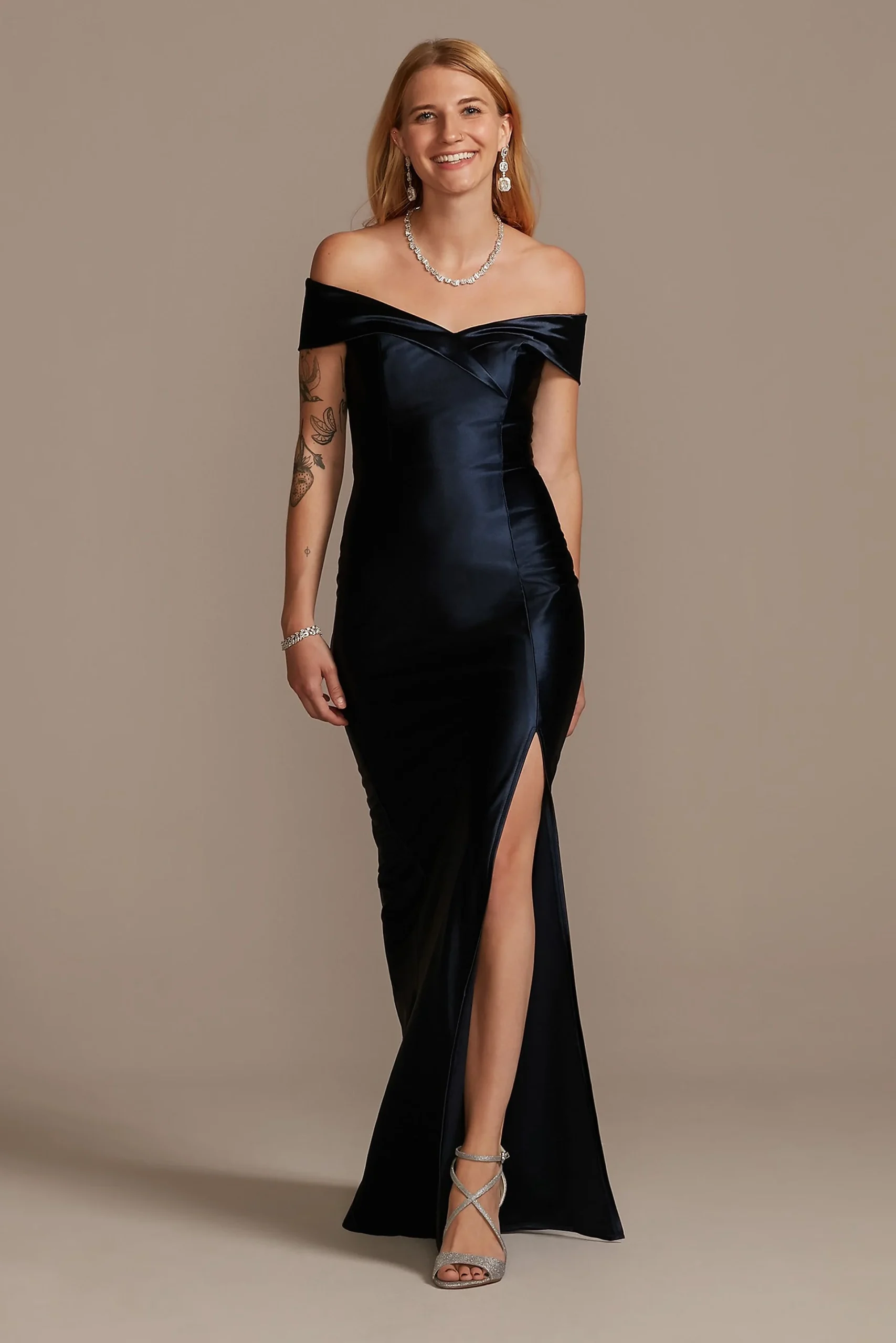 Stretch Satin Off the Shoulder Dress with Slit