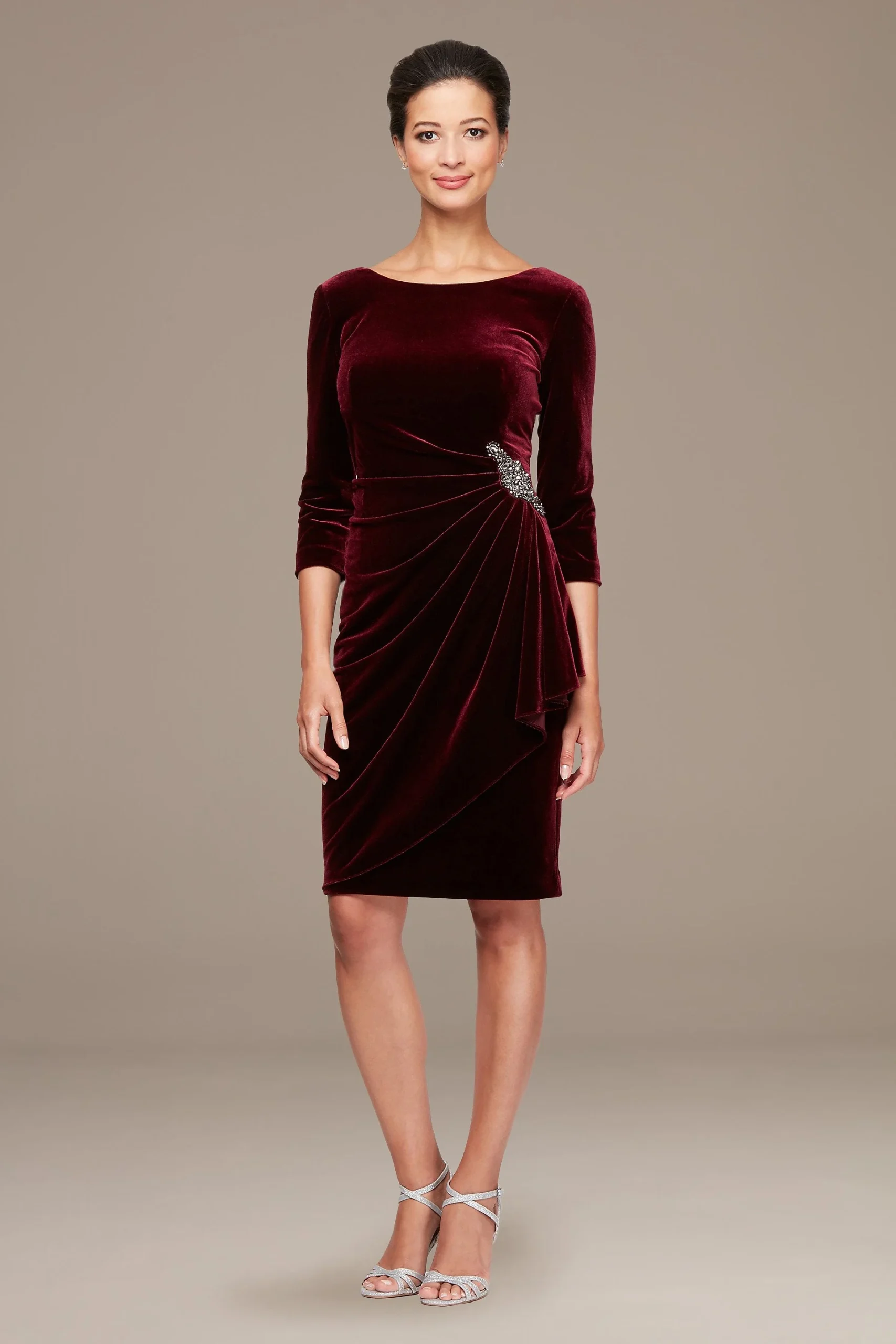 Stretch Velvet Ruched Petite Dress with Beaded Hip