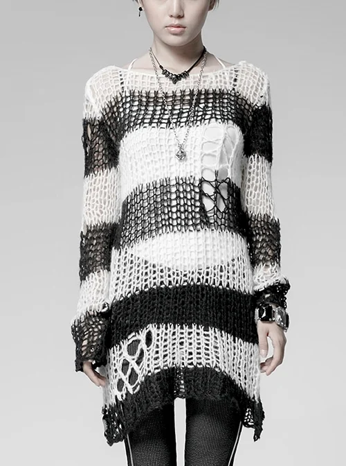 Striped Black And White Round Neck Long Irregular Punk Style Decayed Pullover Sweater
