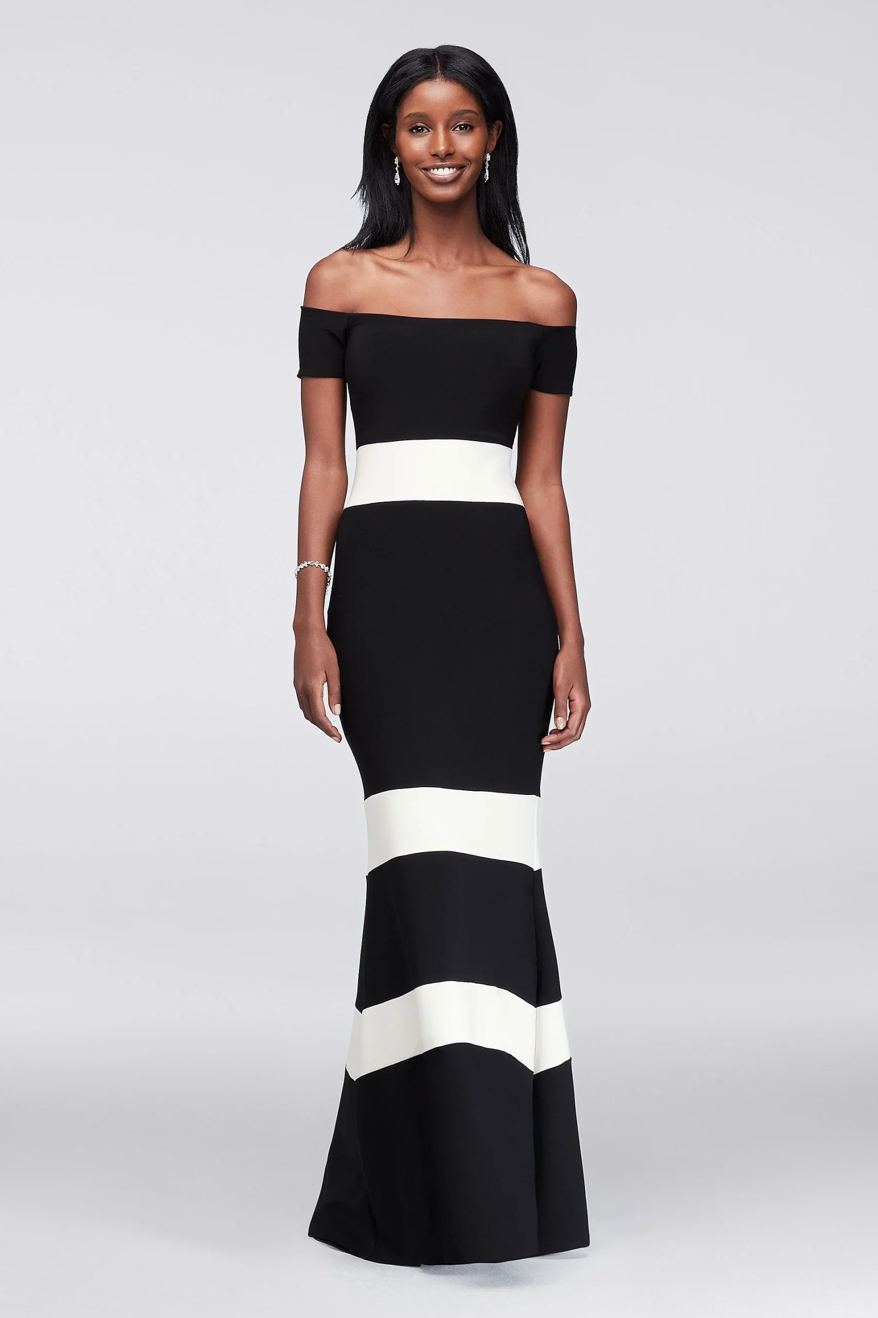 Striped Off-The-Shoulder Jersey Trumpet Dress