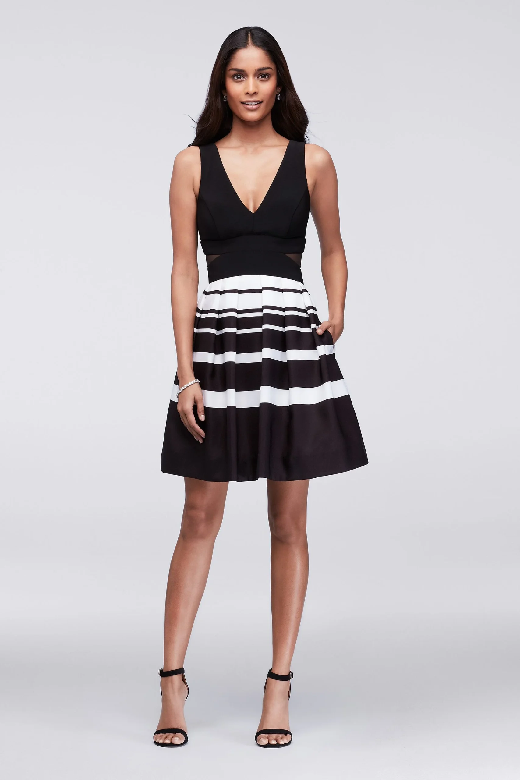 Striped Taffeta Cocktail Dress with Side Cutouts