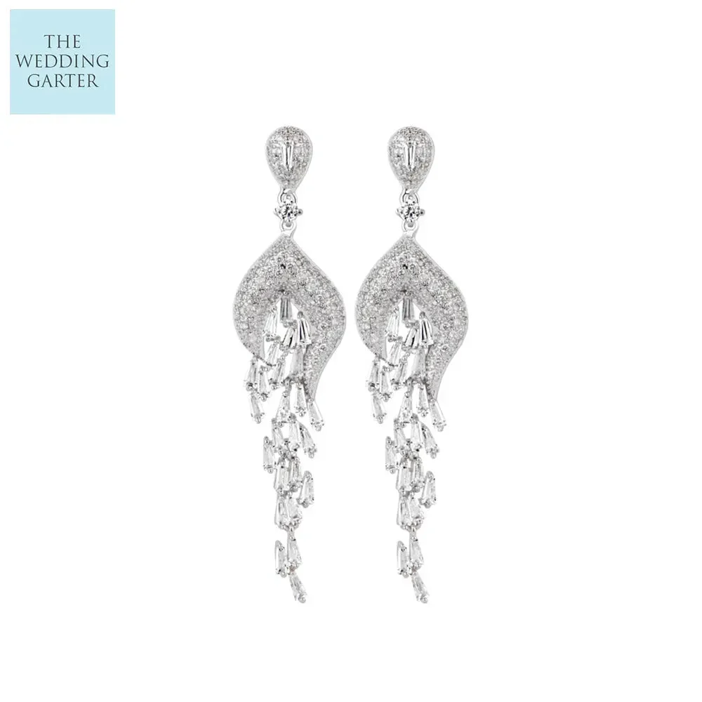 Stunning CZ Diamond Long Dangle Bridal Earrings