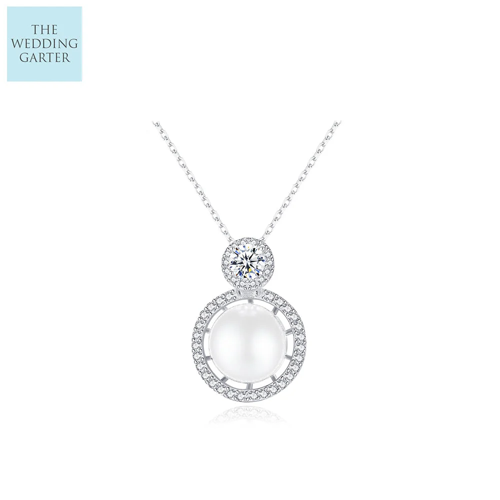 Stylish Ivory Pearl & CZ Pendant Wedding Necklace