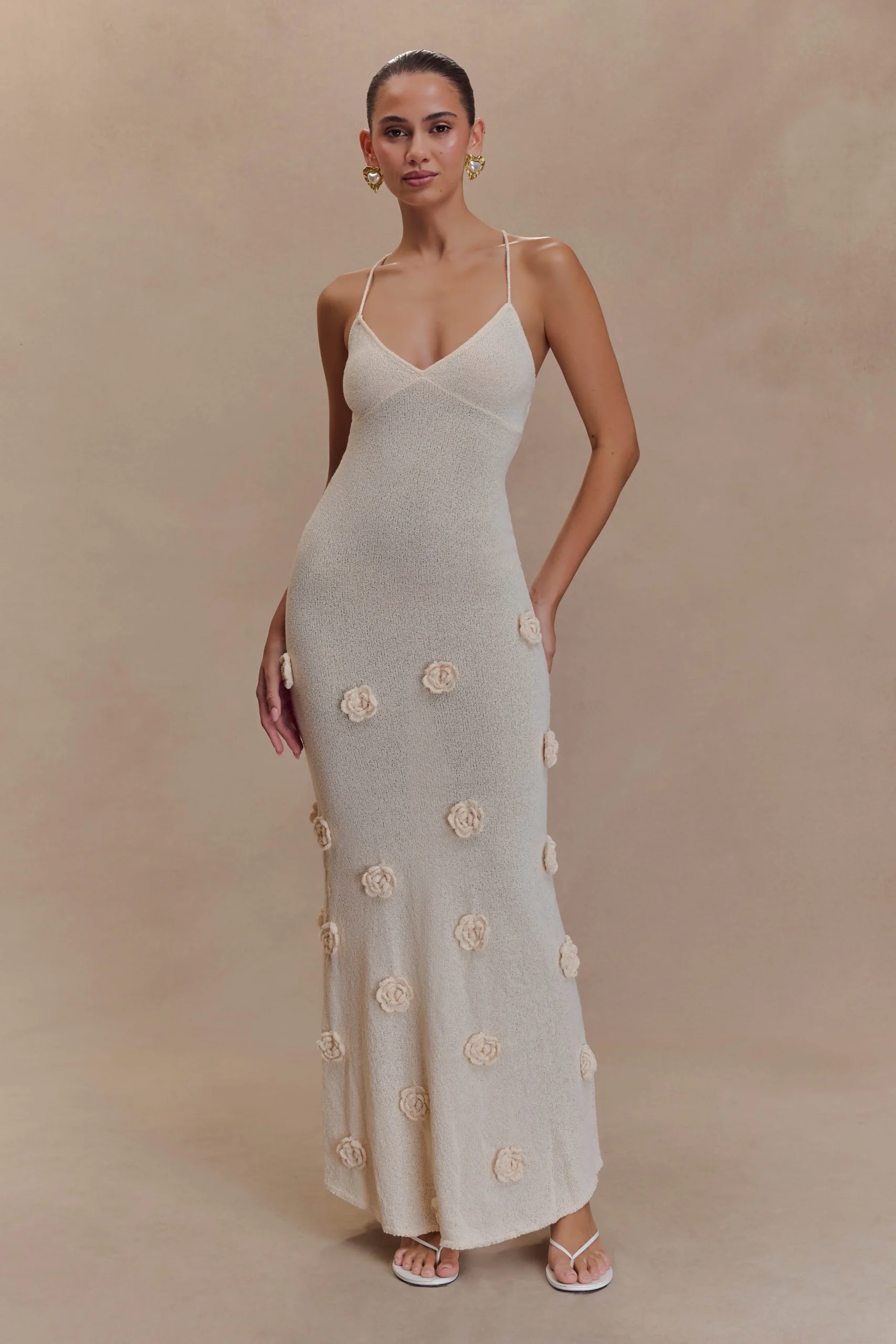 SukiKnit Maxi Dress With Flowers - Nude