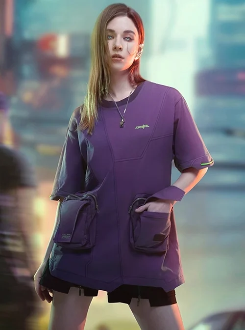 Summer Neon Purple Street Loose Double-Layer Three-Dimensional Pockets Asymmetric Structure Cyberpunk Short Sleeves T-Shirt