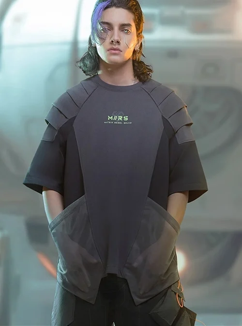 Summer Street Loose Multi-Layer Shoulder Armor Design Mesh Pockets Color Matching Cyberpunk Short Sleeves T-Shirt