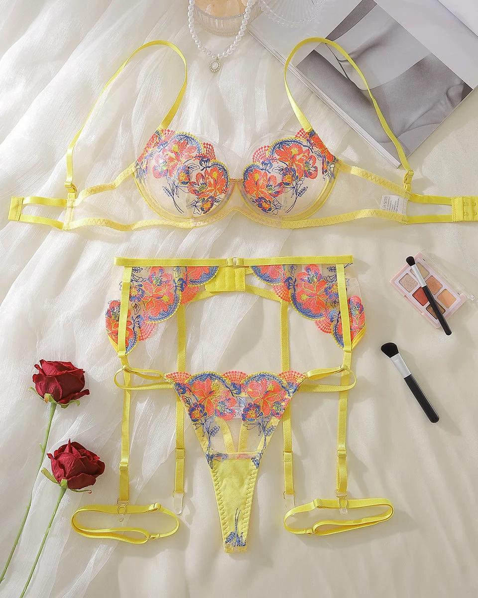 Sunset Seduction - Floral Embroidered Lingerie Set