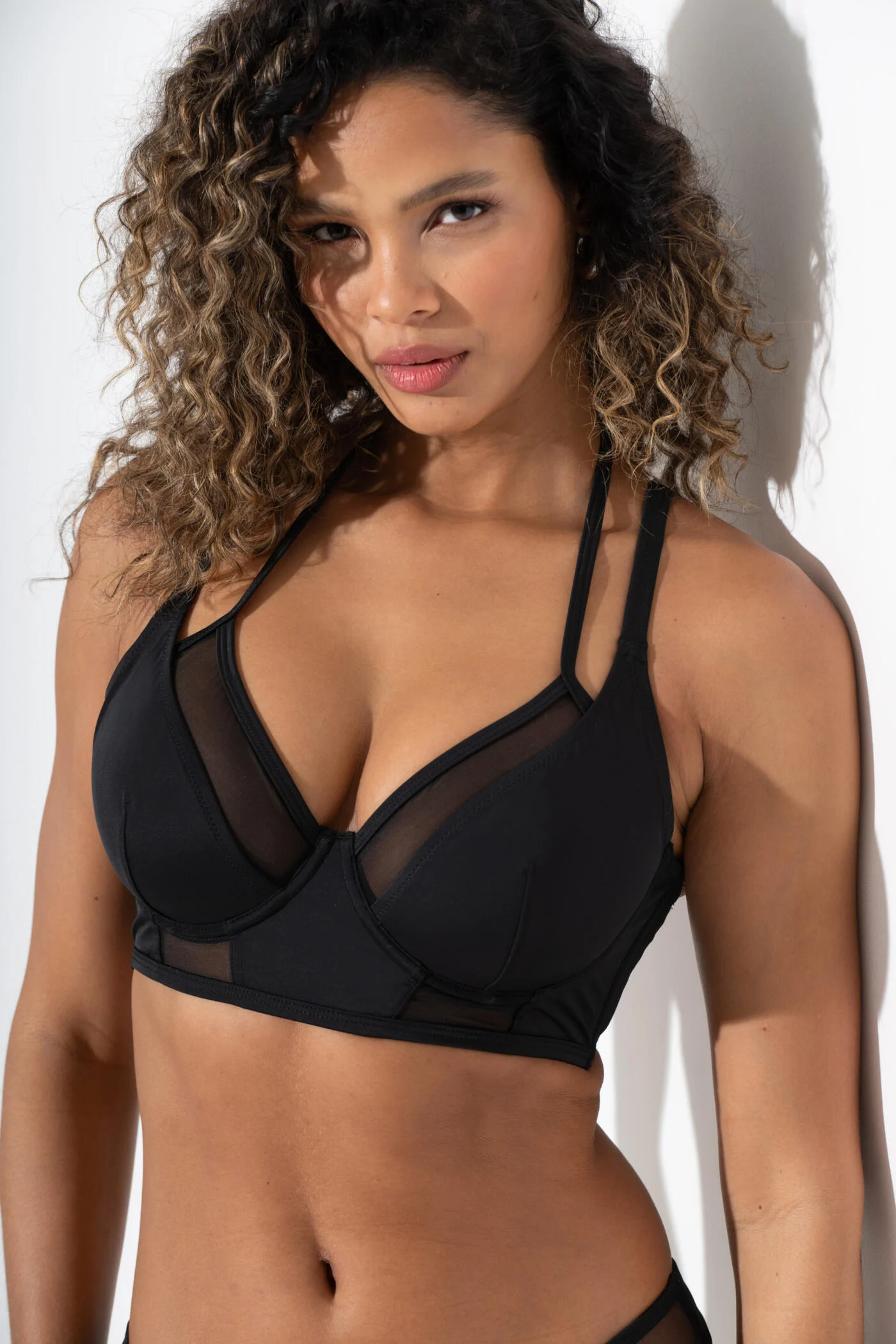 Sydney Underwired Mesh Longline Double Strap Bikini Top - Black