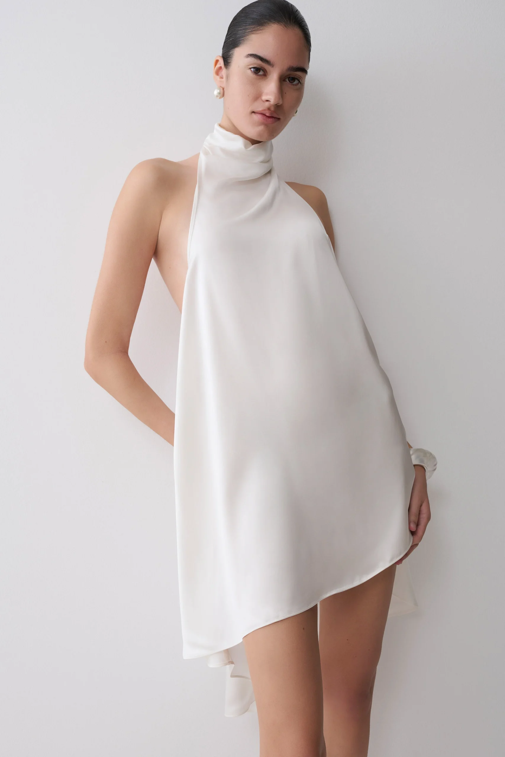SydneyAsymmetrical Satin Halter Mini Dress - Ivory