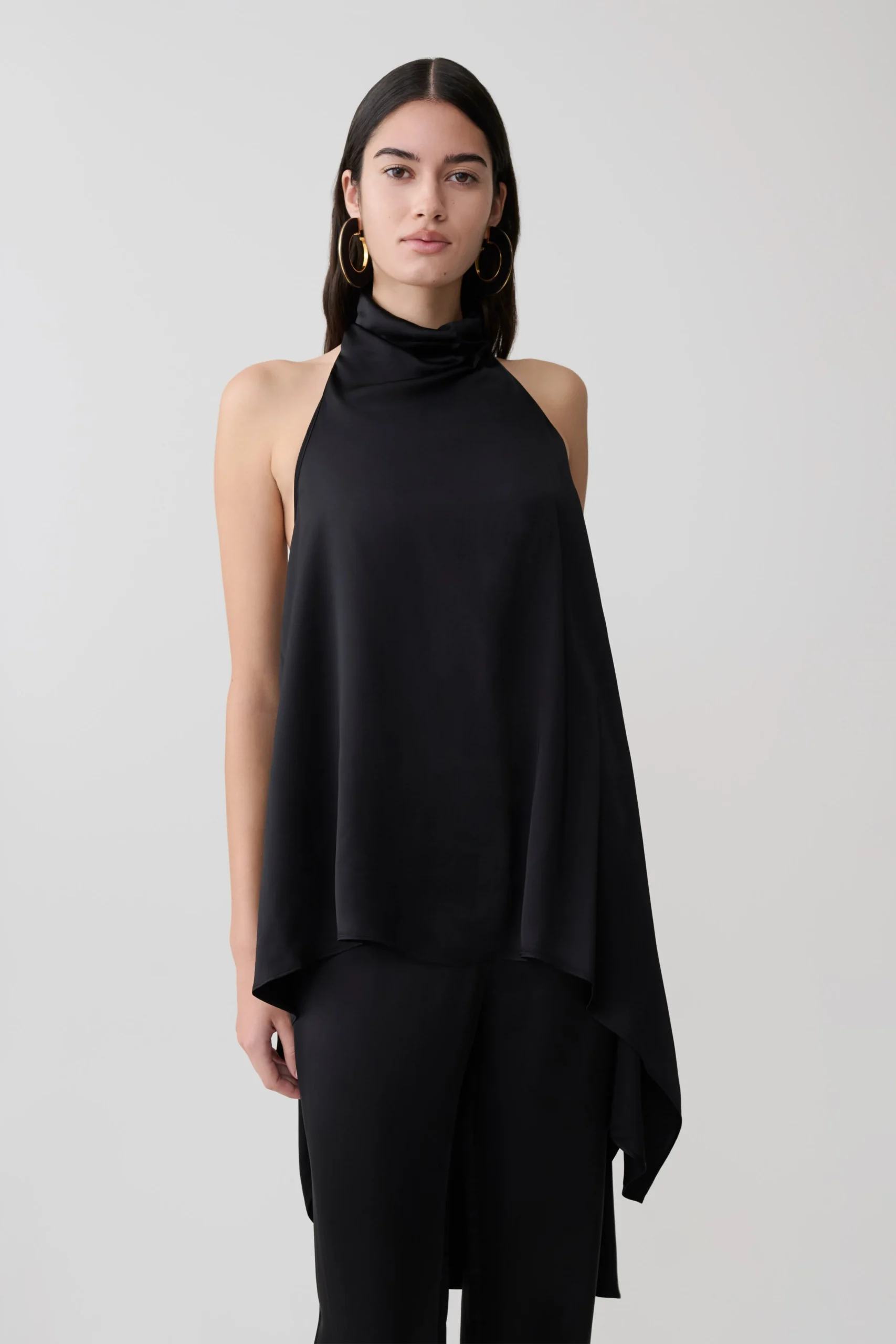 SydneyAsymmetrical Satin Halter Top - Black