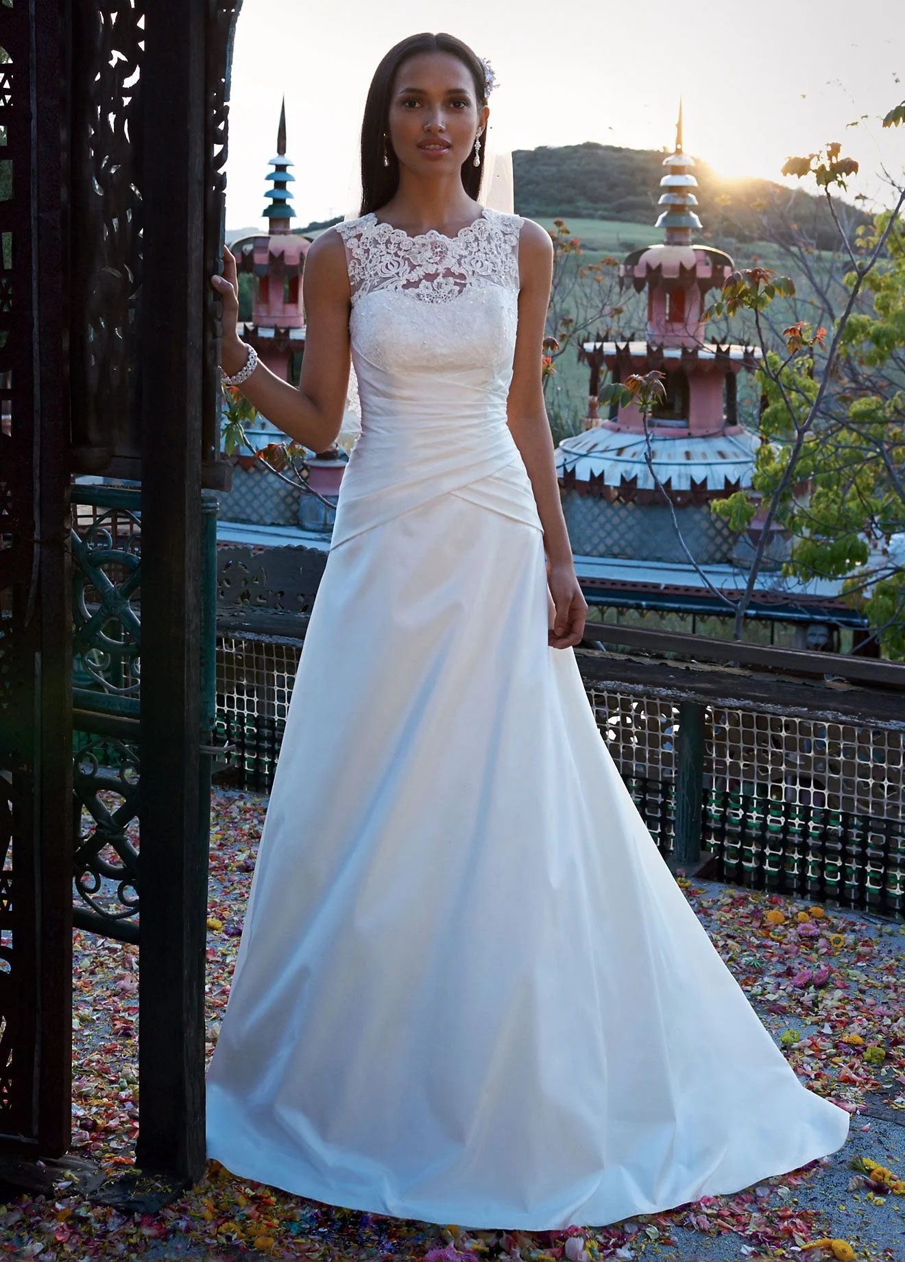Taffeta A Line Gown with Illusion Lace Neckline
