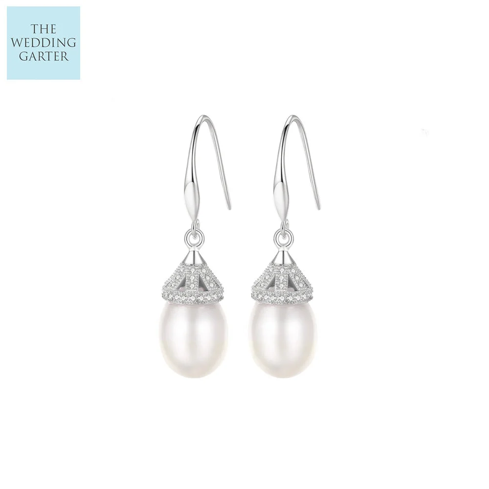 Tahitian Freshwater Pearl & CZ Diamond Sterling Silver Earrings