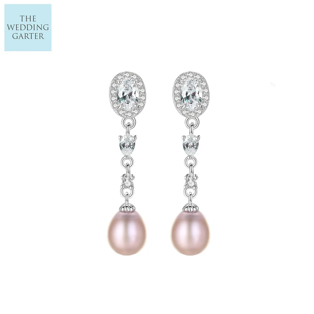 Tahitian Freshwater Pink Pearl & CZ Diamond Sterling Silver Earrings